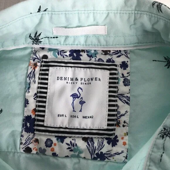 Denim & Flower Mens L Short Sleeve Button Down Shirt Baby Blue Palm Tree Print - Picture 11 of 13